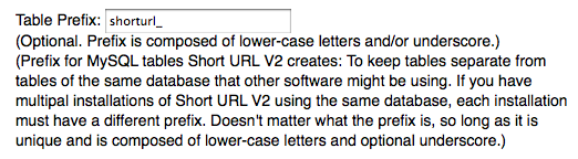 Short URL V2 installation MySQL table prefix